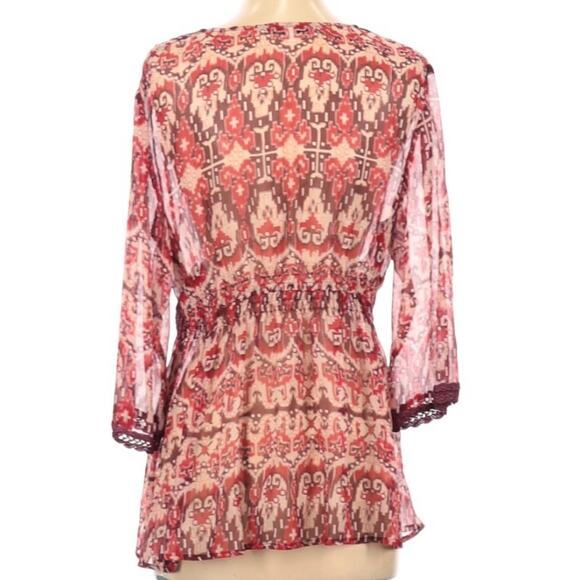 CABi silk blouse empire waist crochet trim Boho S - Picture 2 of 5